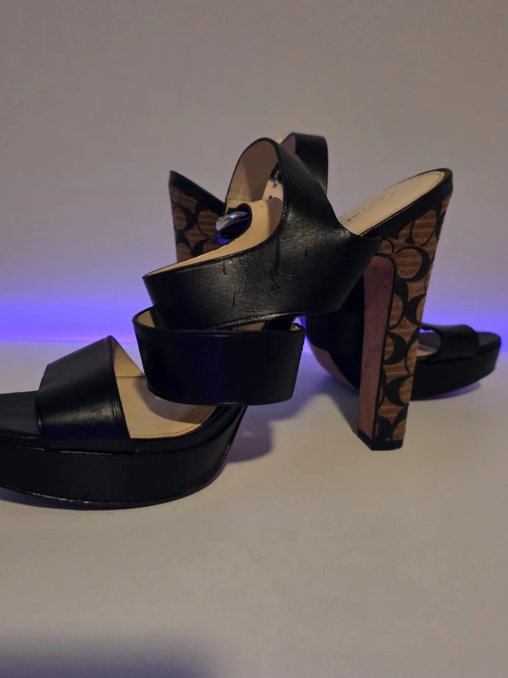 Coach Black Leather Platform Sandals with Logo-Patterned Block Heel